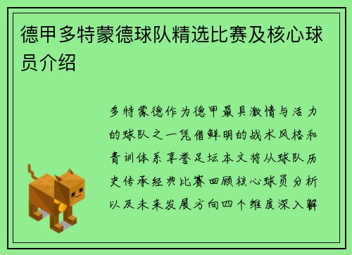 德甲多特蒙德球队精选比赛及核心球员介绍